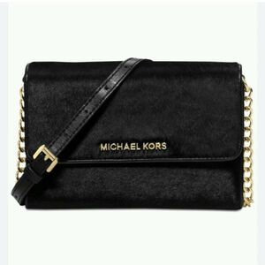 Michael Kors Crossbody Black Calf Hair French Binding Jet Set Small Holds Phone